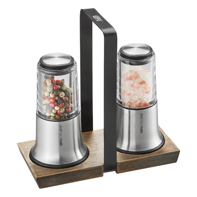 gefu-x-plosion-34641-set-moulin-sel-et-poivre-avec-plateau-en-bois-et-inox image 1