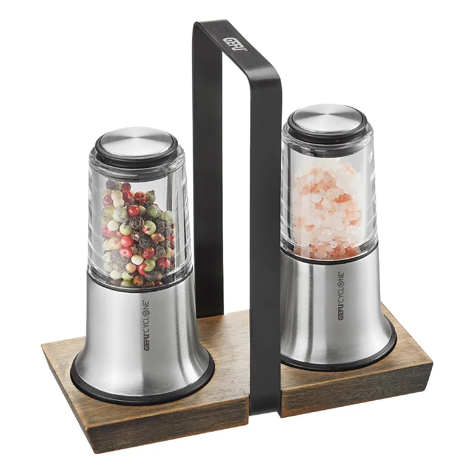 gefu-x-plosion-34641-set-moulin-sel-et-poivre-avec-plateau-en-bois-et-inox image 1