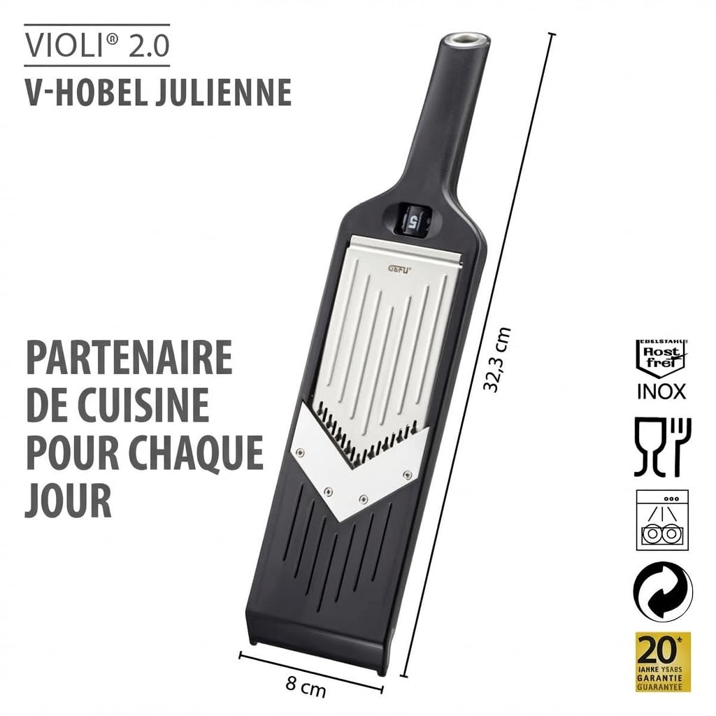 gefu-violi-2-0-50441-mandoline-julienne-en-v-argent-noir-avec-porte-reste image 2