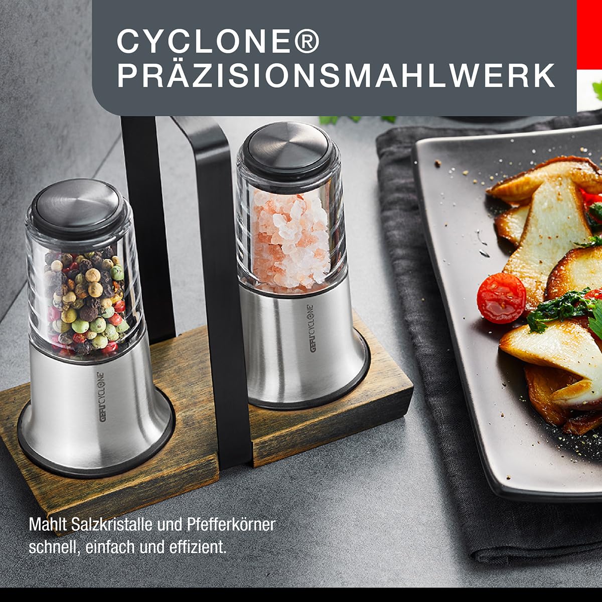 gefu-x-plosion-34641-set-moulin-sel-et-poivre-avec-plateau-en-bois-et-inox image 3