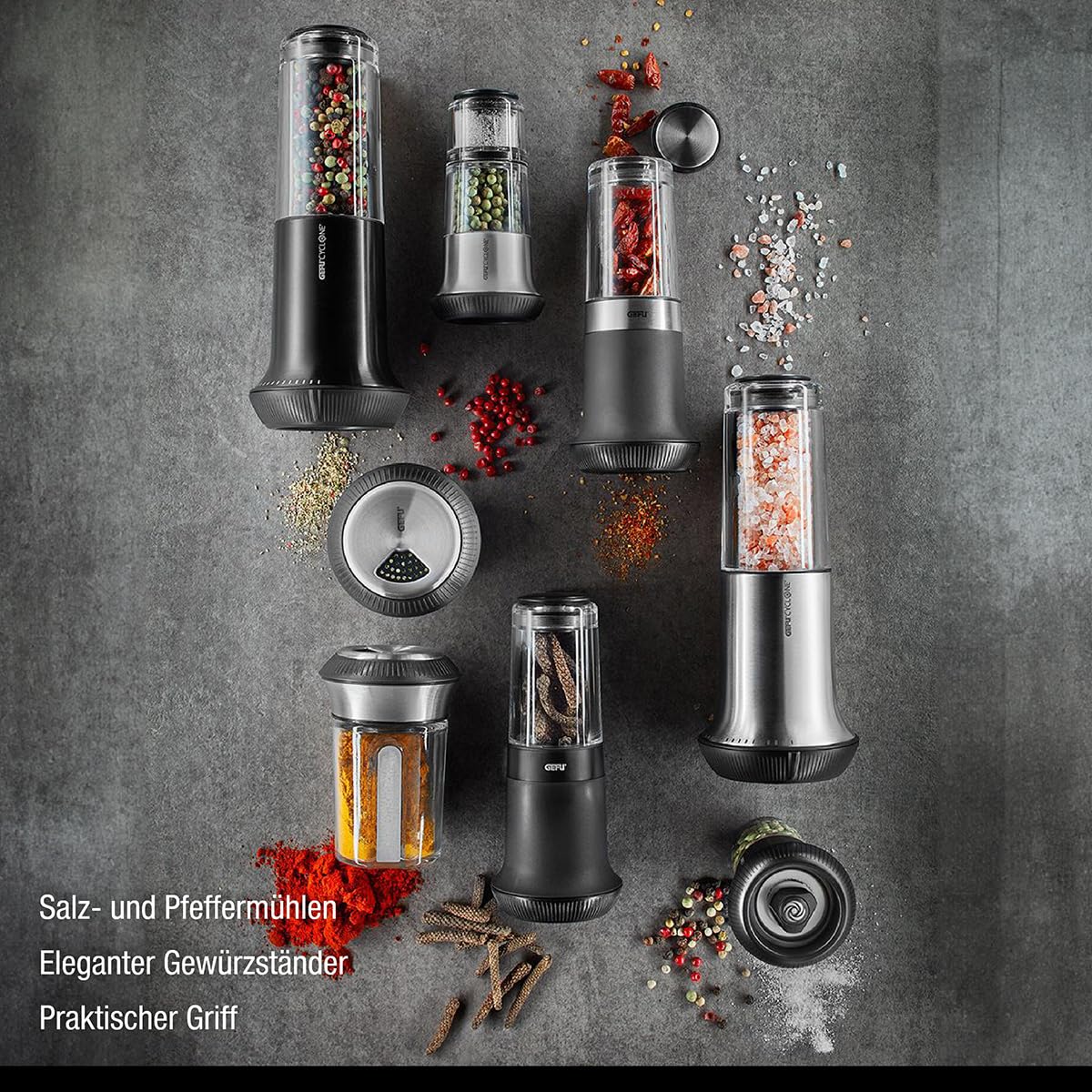 gefu-x-plosion-34641-set-moulin-sel-et-poivre-avec-plateau-en-bois-et-inox image 2
